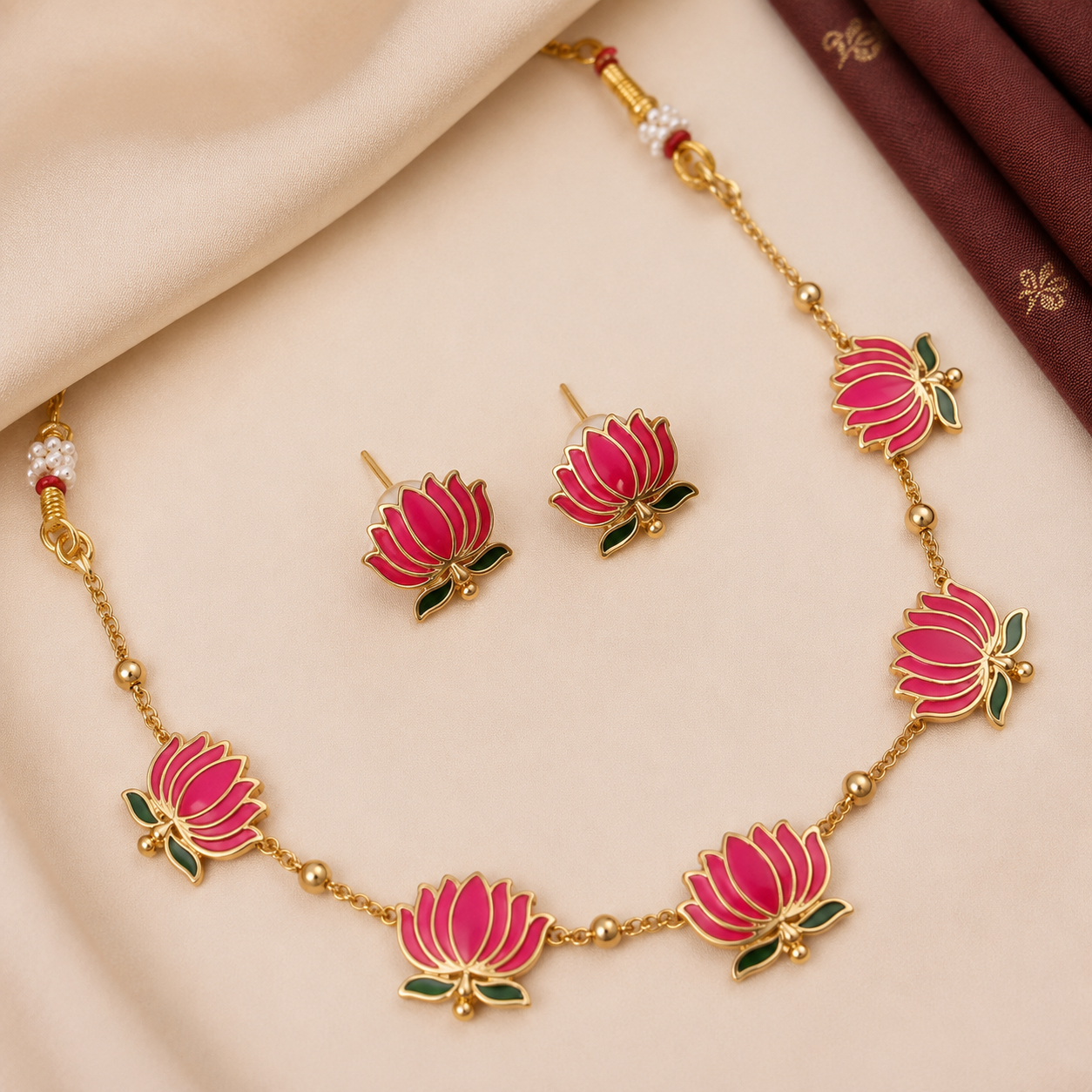 Women's Gold-Plated Pink Lotus Necklace & Earrings Set | TT042