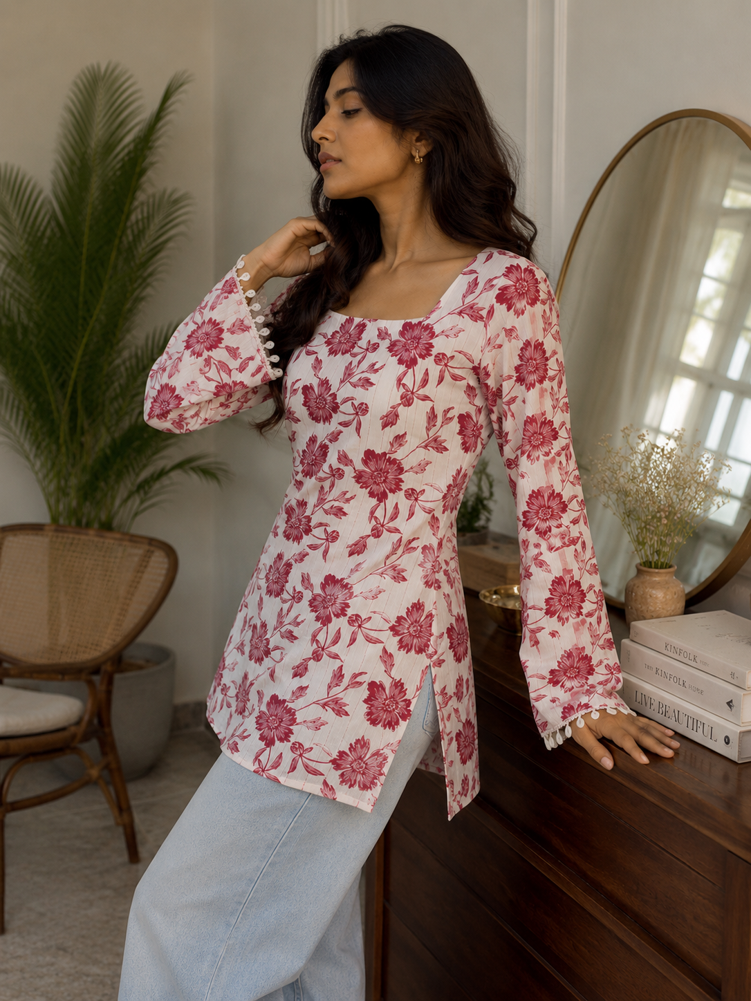 Women's White Floral Printed Cotton Square Neck Tunic Top | TTOO4