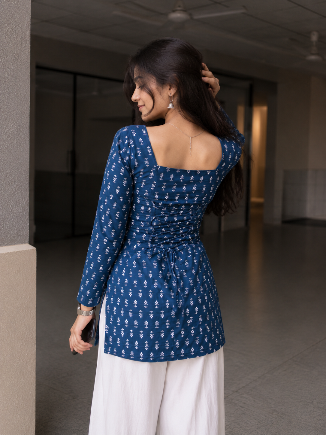 Women's Blue Floral Printed A-Line Kurti Dress with Square Neck | TT015
