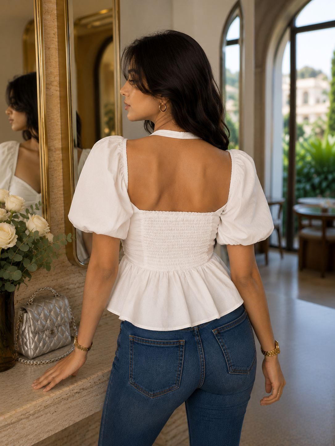 Women's White Puff Sleeve Peplum Top with Front Tie Detail | TT035