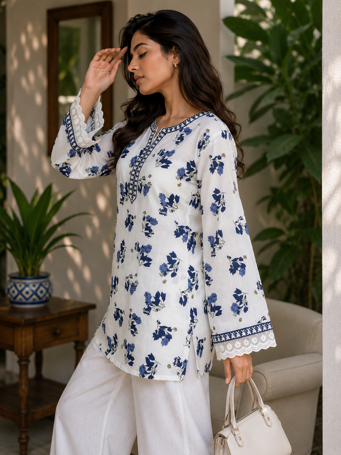 Women's White & Blue Floral Printed Cotton Blend Short Kurti with Lace Sleeves | TTOO3