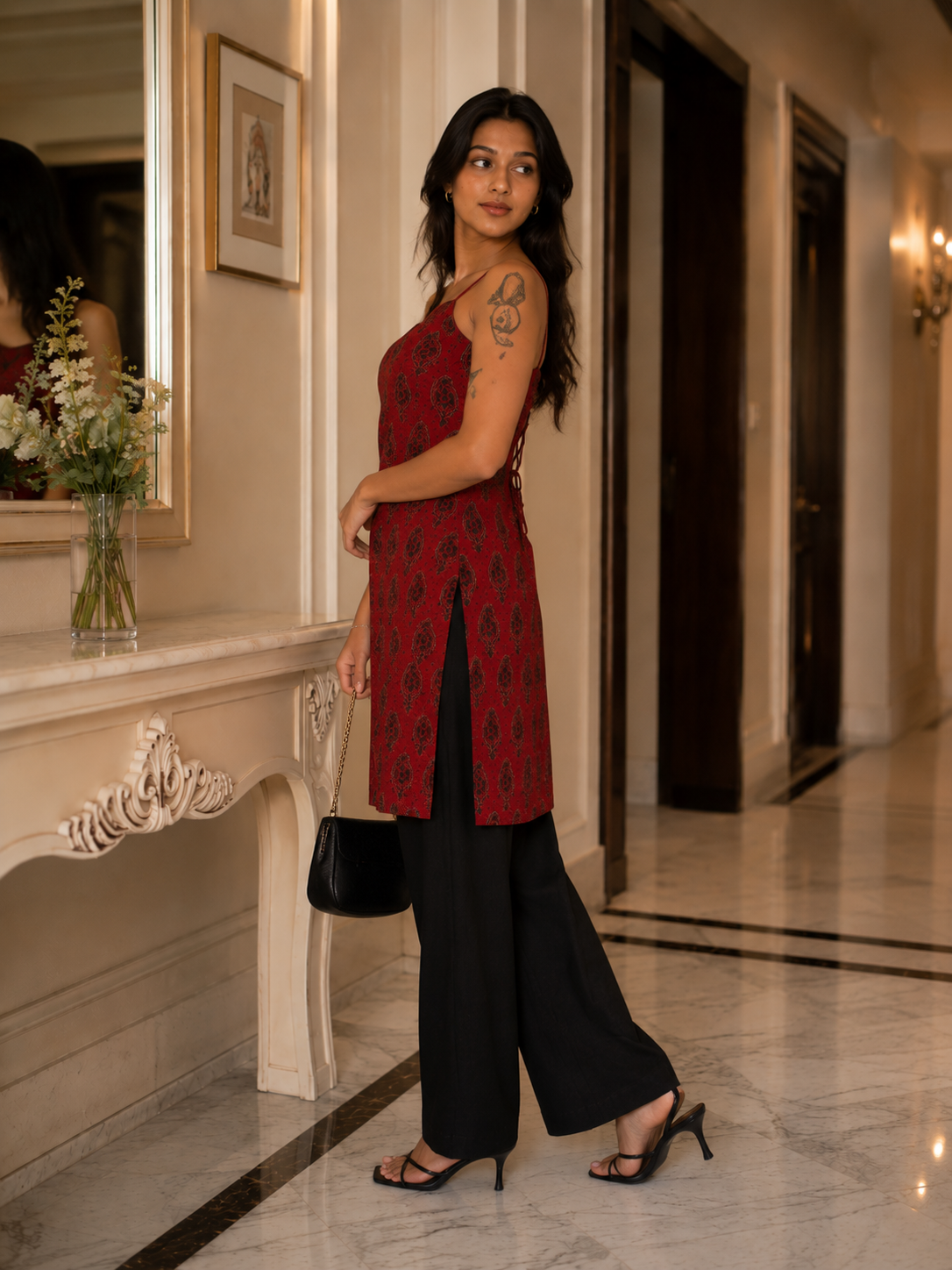 Women's Maroon Printed Rayon Sleeveless Lace-Up Tunic Dress | TT011