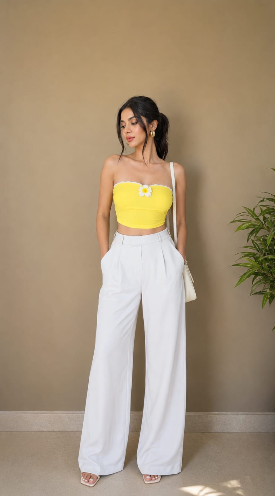 Women's Yellow Strapless Cotton Blend Tube Crop Top | TT022