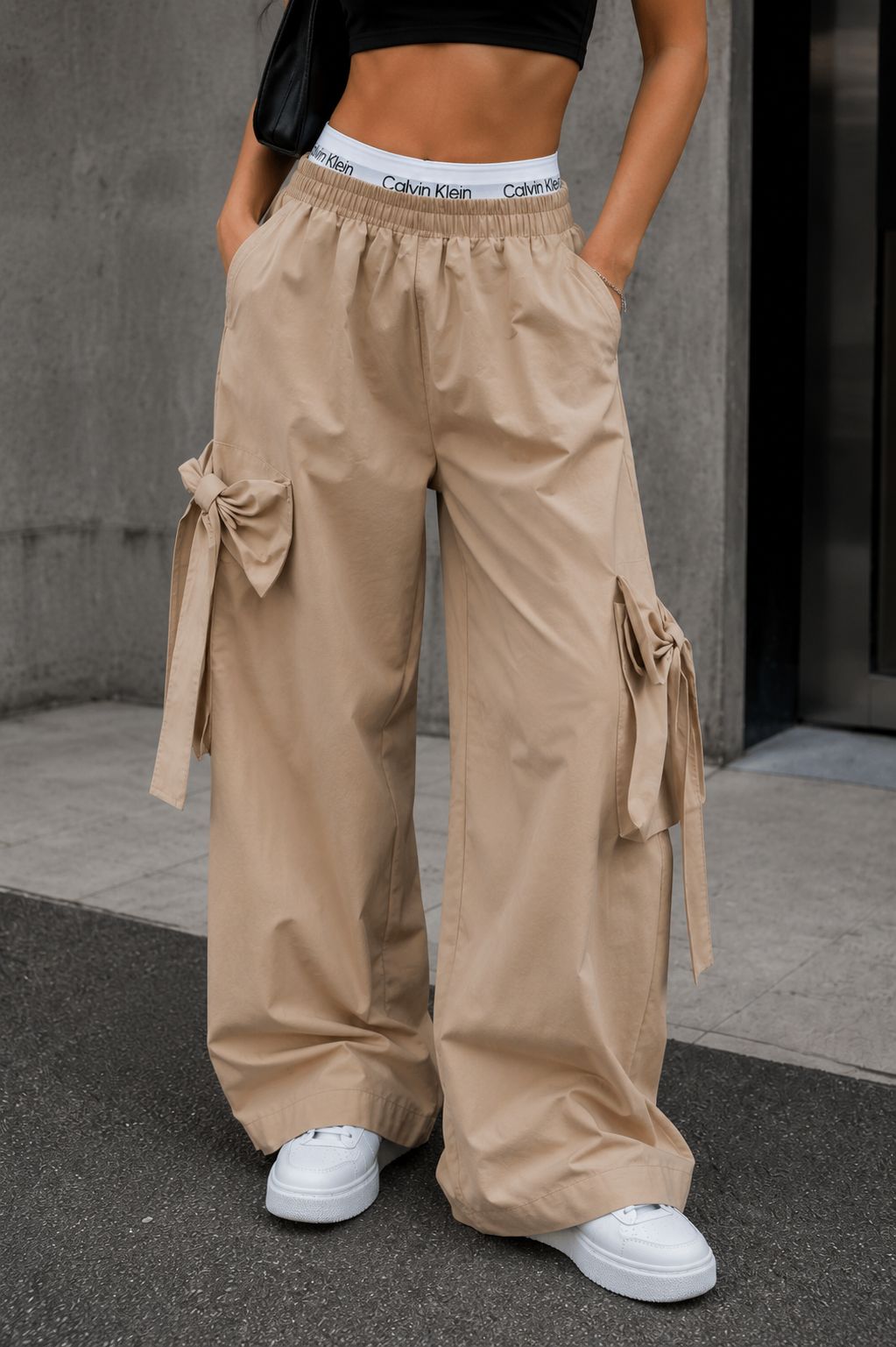 Women's Khaki Wide Leg Cargo Pants with Utility Pockets | TT030