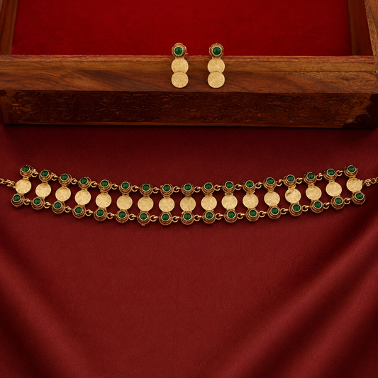 Women's Gold-Plated Green Kundan Coin Choker Set with Earrings | TT040