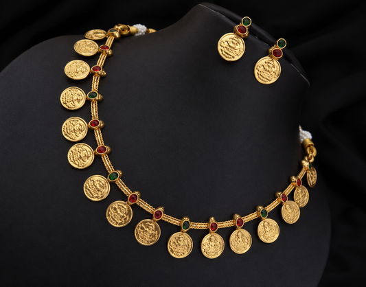 Women's Gold-Plated Lakshmi Coin Necklace & Earrings Set | TT041