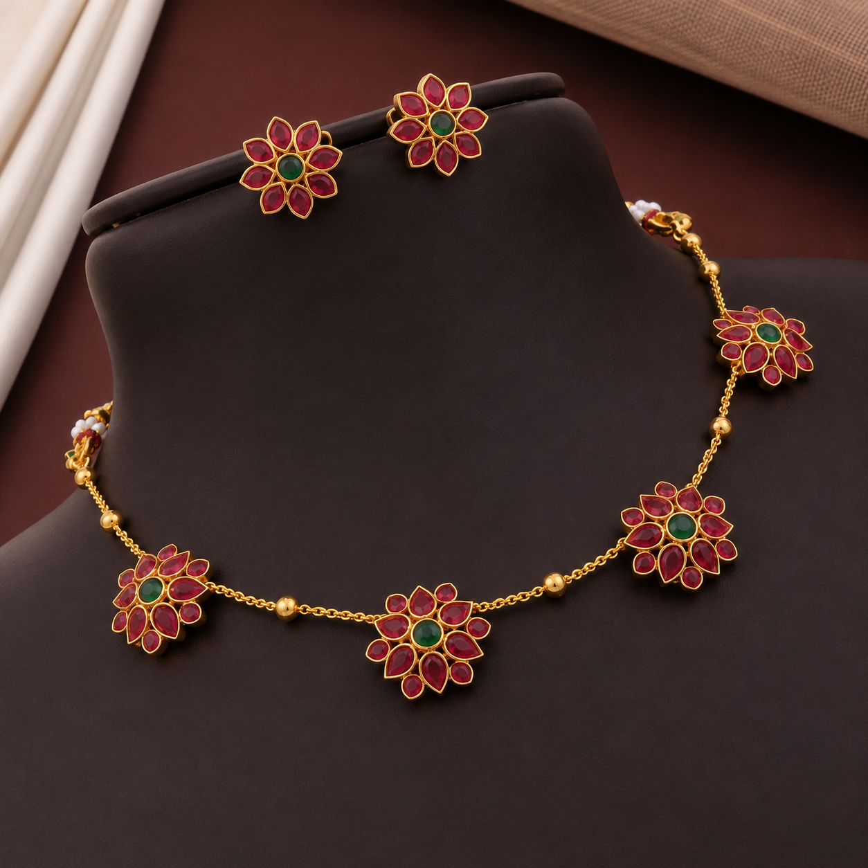 Women's Gold-Plated Multicolor Floral Necklace & Earrings Set | TT043