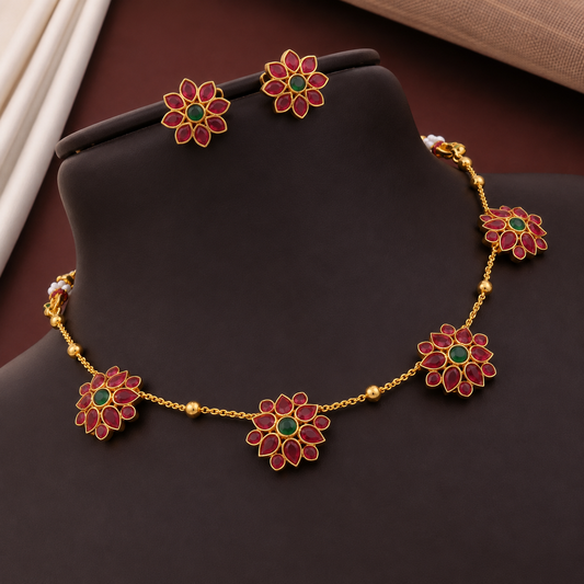 Women's Gold-Plated Multicolor Floral Necklace & Earrings Set | TT043