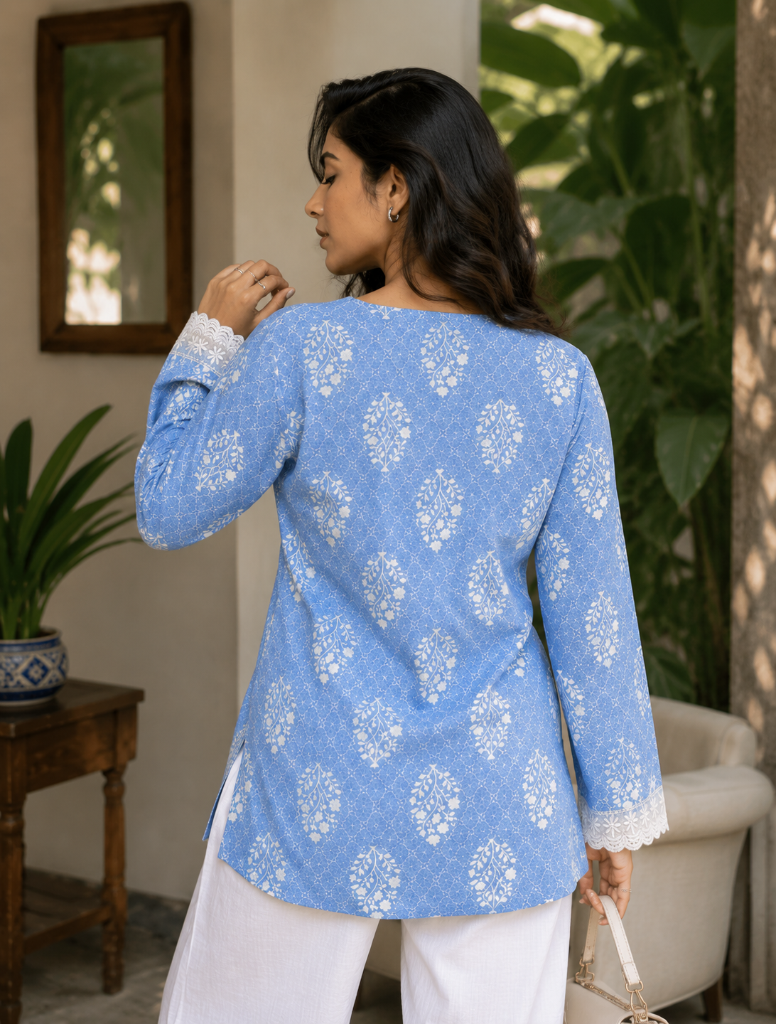 Women's Sky Blue Floral Printed Cotton Blend Short Kurti with Lace Sleeves | TT002