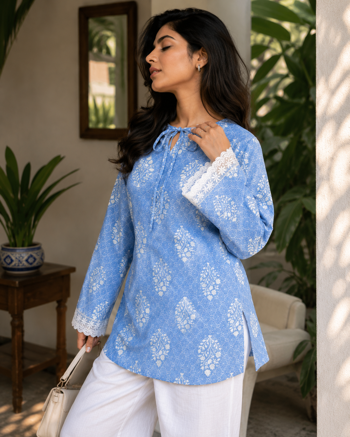 Women's Sky Blue Floral Printed Cotton Blend Short Kurti with Lace Sleeves | TT002