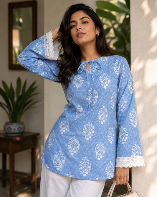 Women's Sky Blue Floral Printed Cotton Blend Short Kurti with Lace Sleeves | TT002