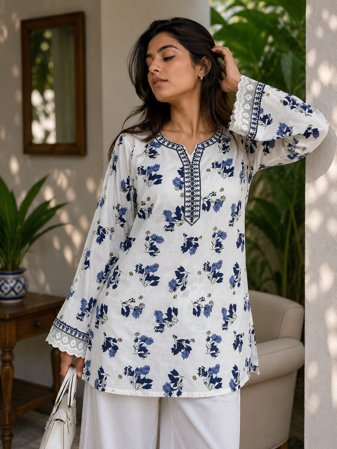 Women's White & Blue Floral Printed Cotton Blend Short Kurti with Lace Sleeves | TTOO3