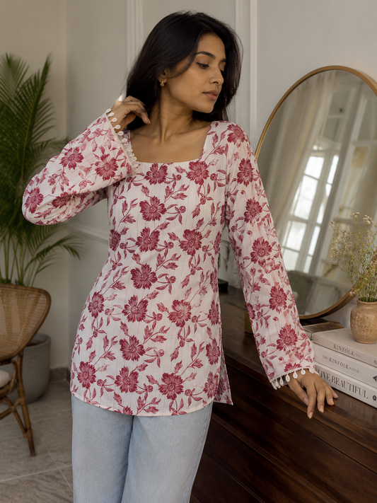 Women's White Floral Printed Cotton Square Neck Tunic Top | TTOO4