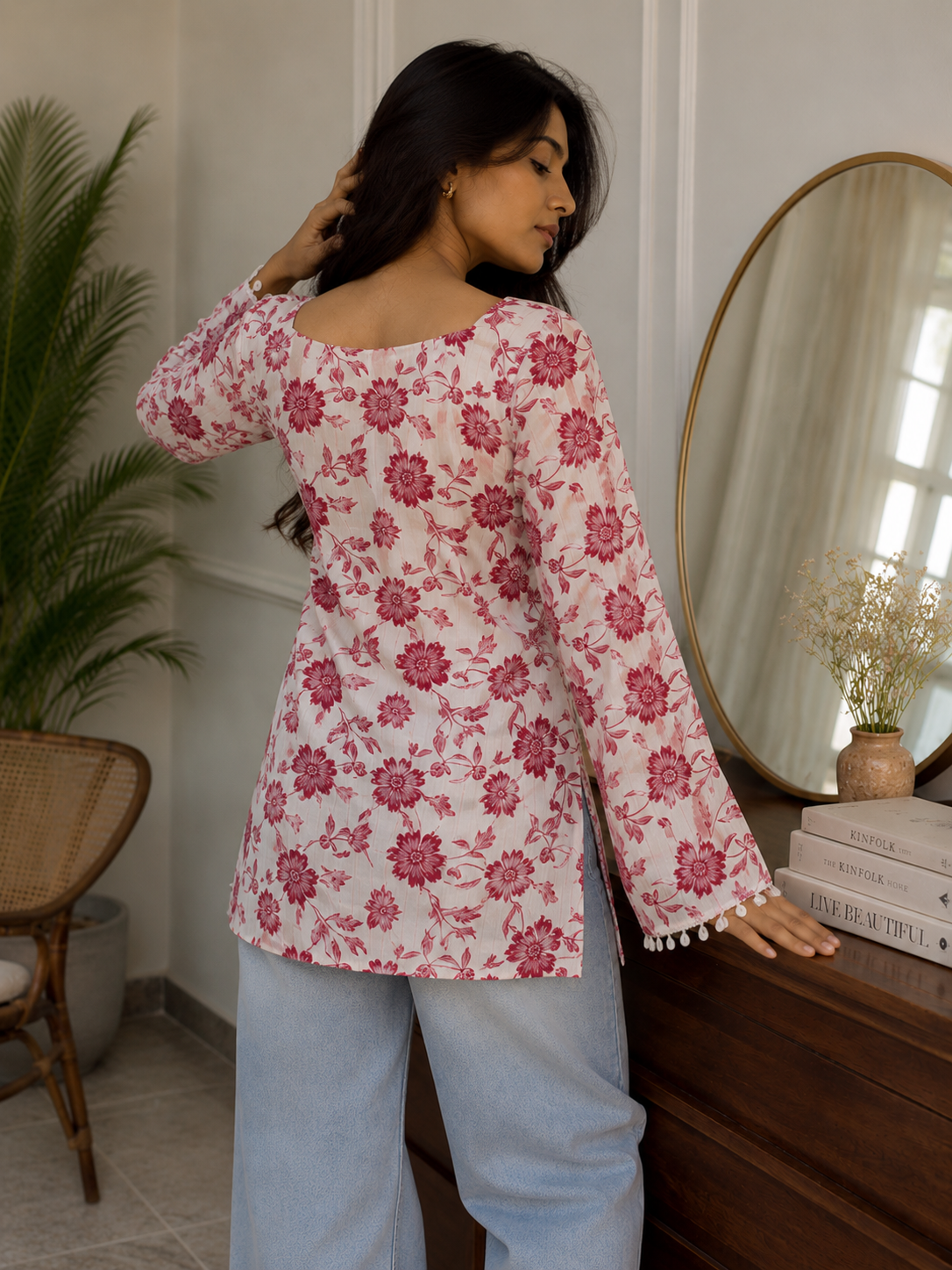 Women's White Floral Printed Cotton Square Neck Tunic Top | TTOO4