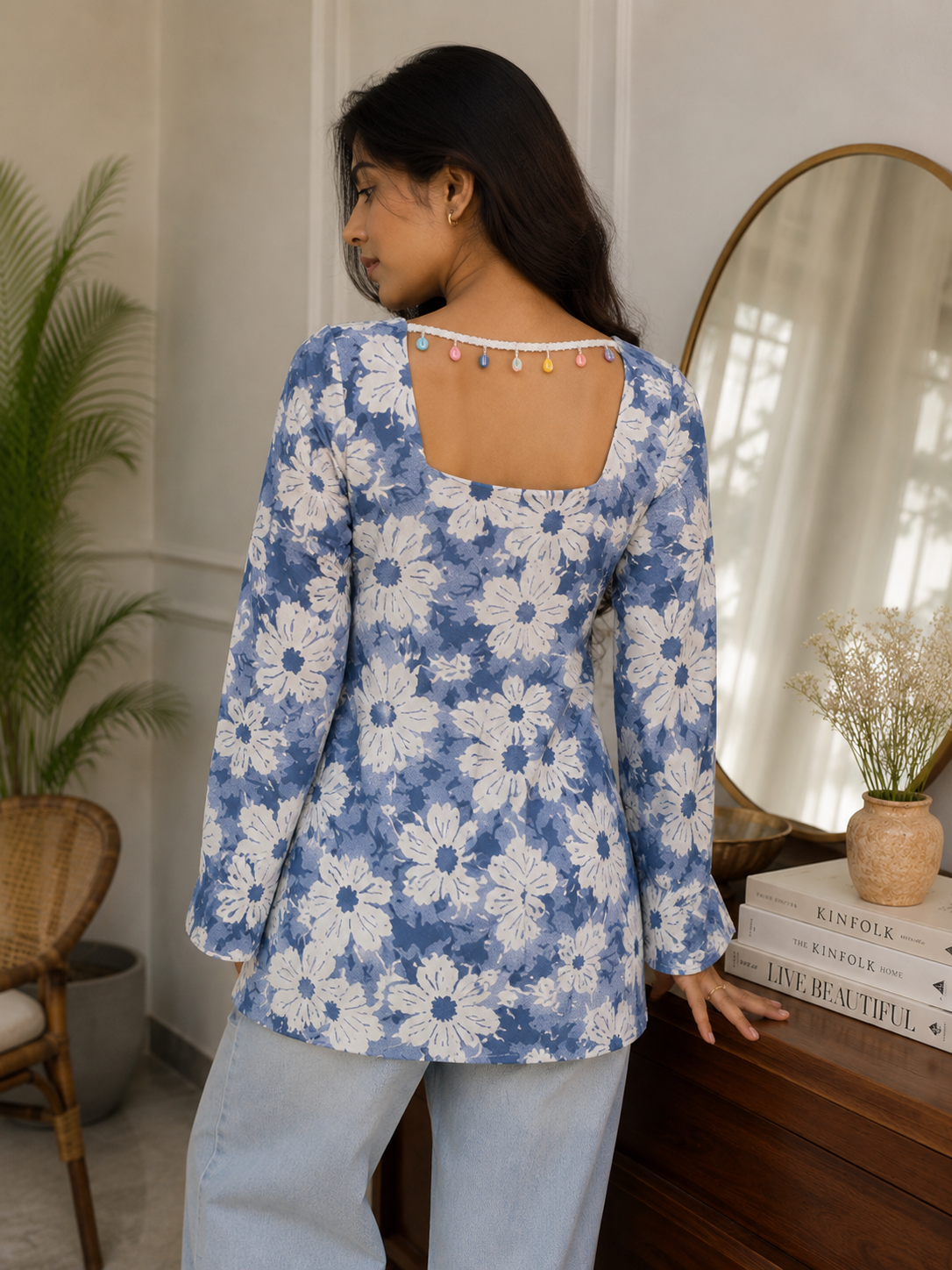 Women's Blue Floral Printed Cotton Short Kurti with Square Neck | TT005