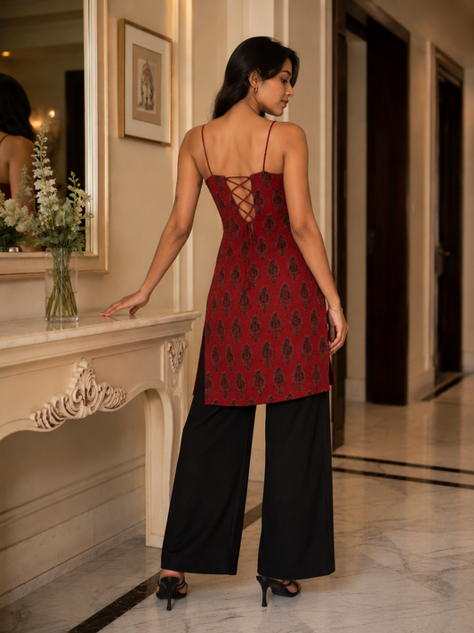 Women's Maroon Printed Rayon Sleeveless Lace-Up Tunic Dress | TT011