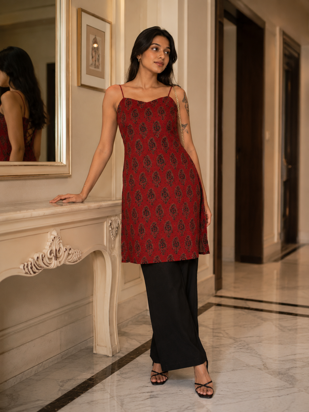 Women's Maroon Printed Rayon Sleeveless Lace-Up Tunic Dress | TT011