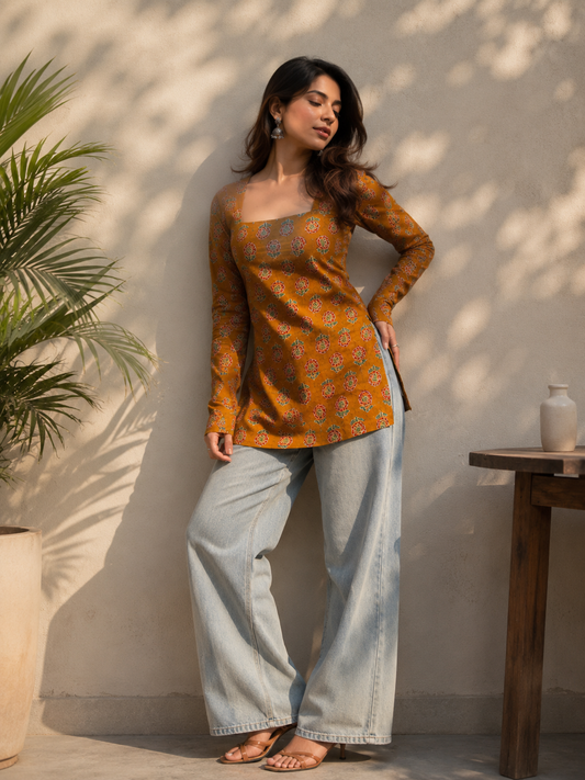 Women's Mustard Floral Printed Rayon Short Kurti with Square Neck | TT013