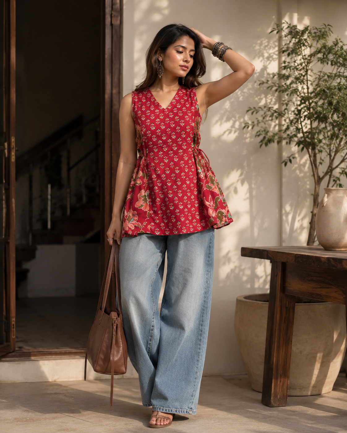 Women's Red Floral Printed Cotton Sleeveless Peplum Short Kurti | TT014