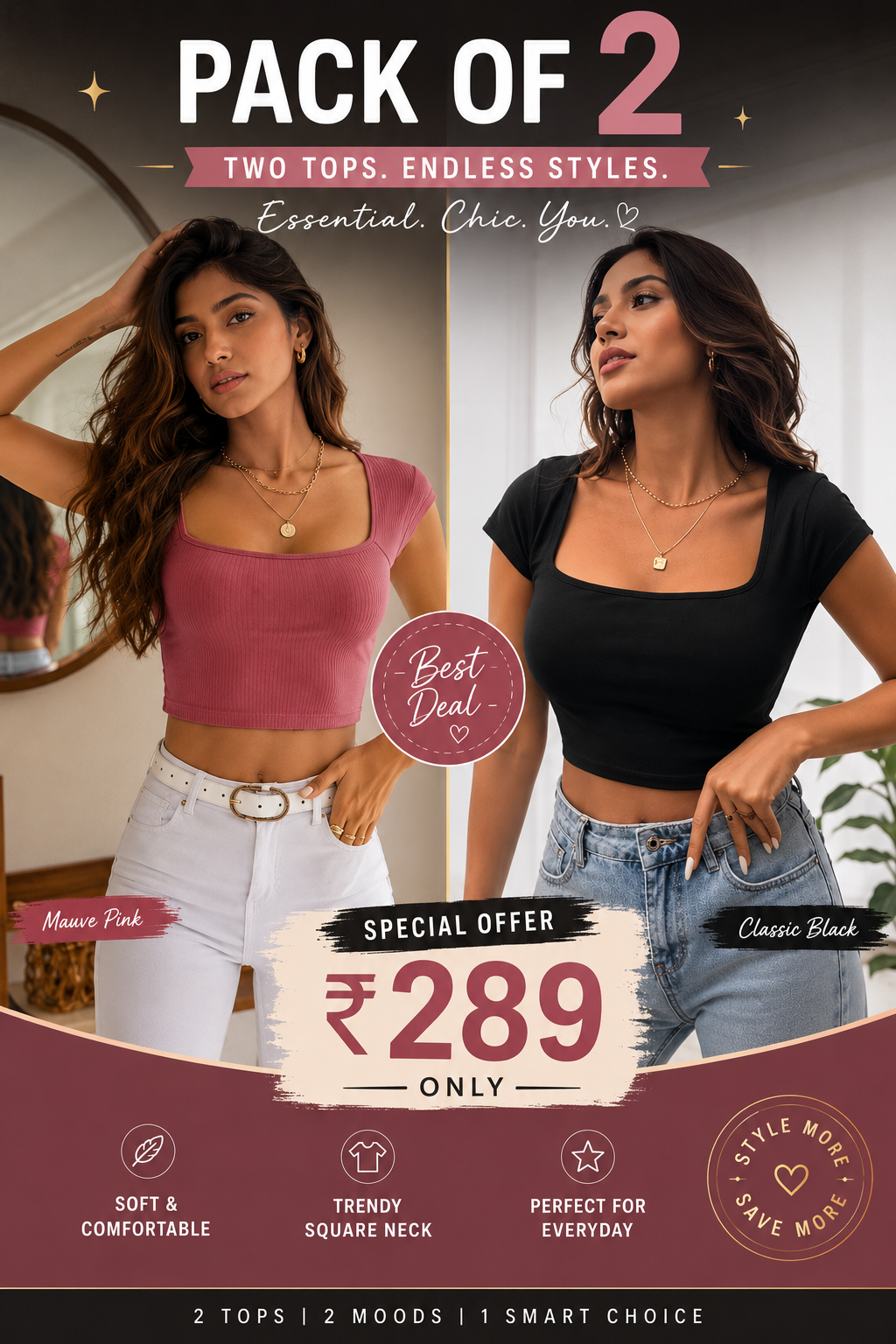 Women's Square Neck Ribbed Crop Top Combo (Pack of 2) | TT018