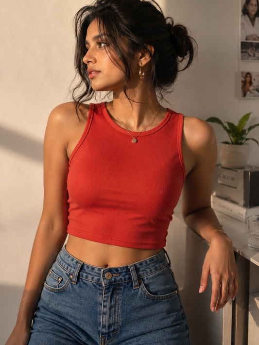 Women's Red Ribbed Cotton Crop Tank Top | TT020