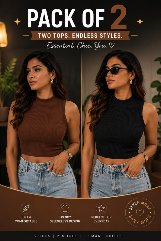 Women's Ribbed Sleeveless Crop Tank Top Combo (Black & Brown) – Pack of 2 | TT021
