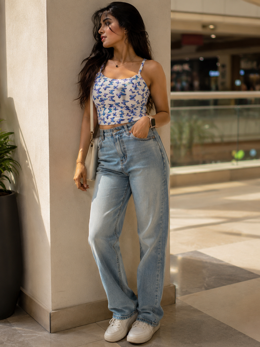 Women's White Butterfly Print Polycotton Crop Cami Top | TT026