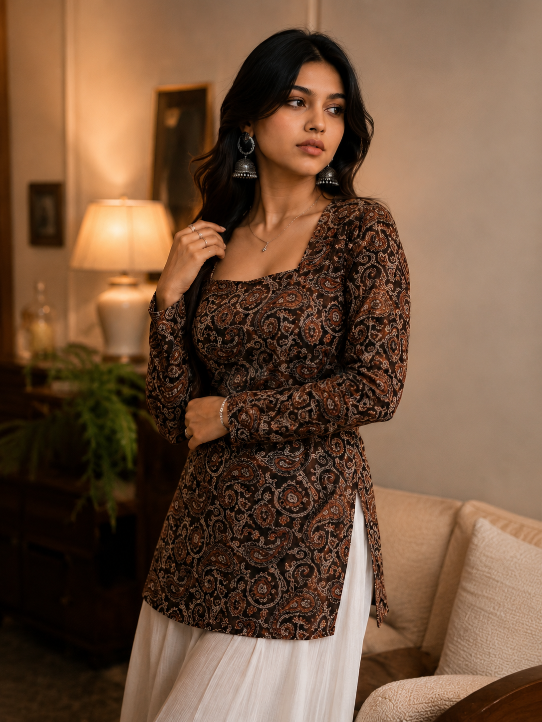 Women's Brown Paisley Printed Cotton Short Kurti with Square Neck | TT009