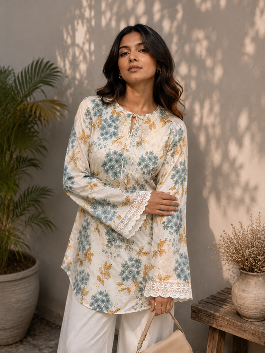 Women's White Floral Printed Cotton Short Kurti with Lace Detail | TT001