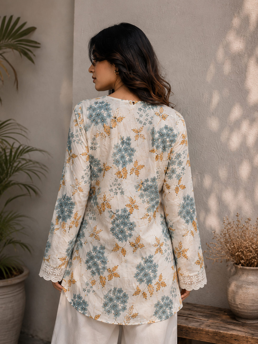 Women's White Floral Printed Cotton Short Kurti with Lace Detail | TT001