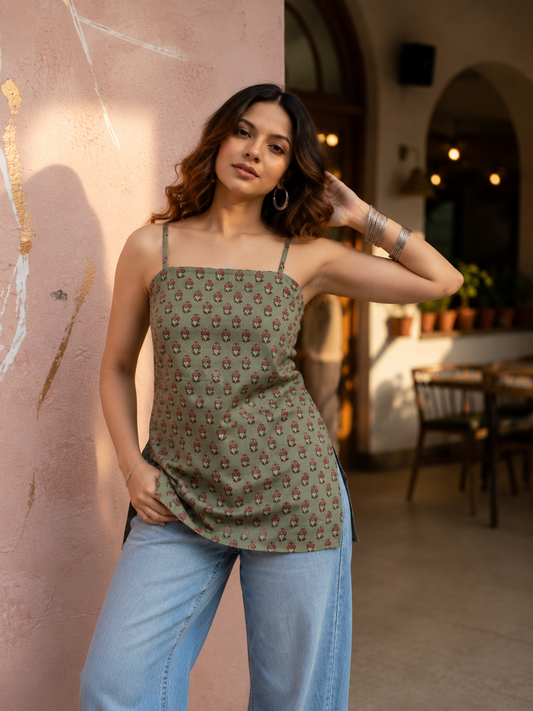 Women's Olive Green Ethnic Printed Cotton Blend Strapless Tube Top | TT006