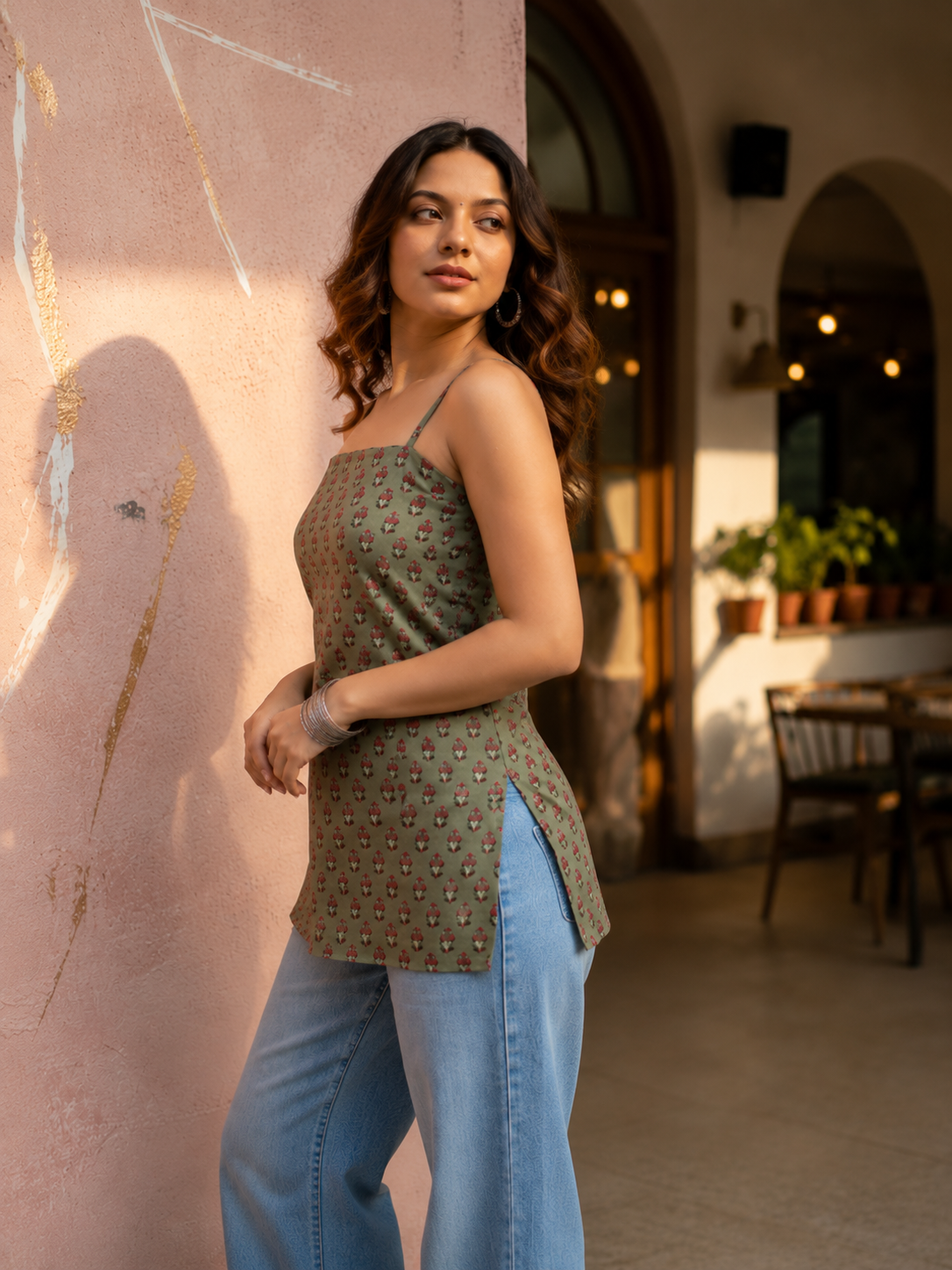 Women's Olive Green Ethnic Printed Cotton Blend Strapless Tube Top | TT006