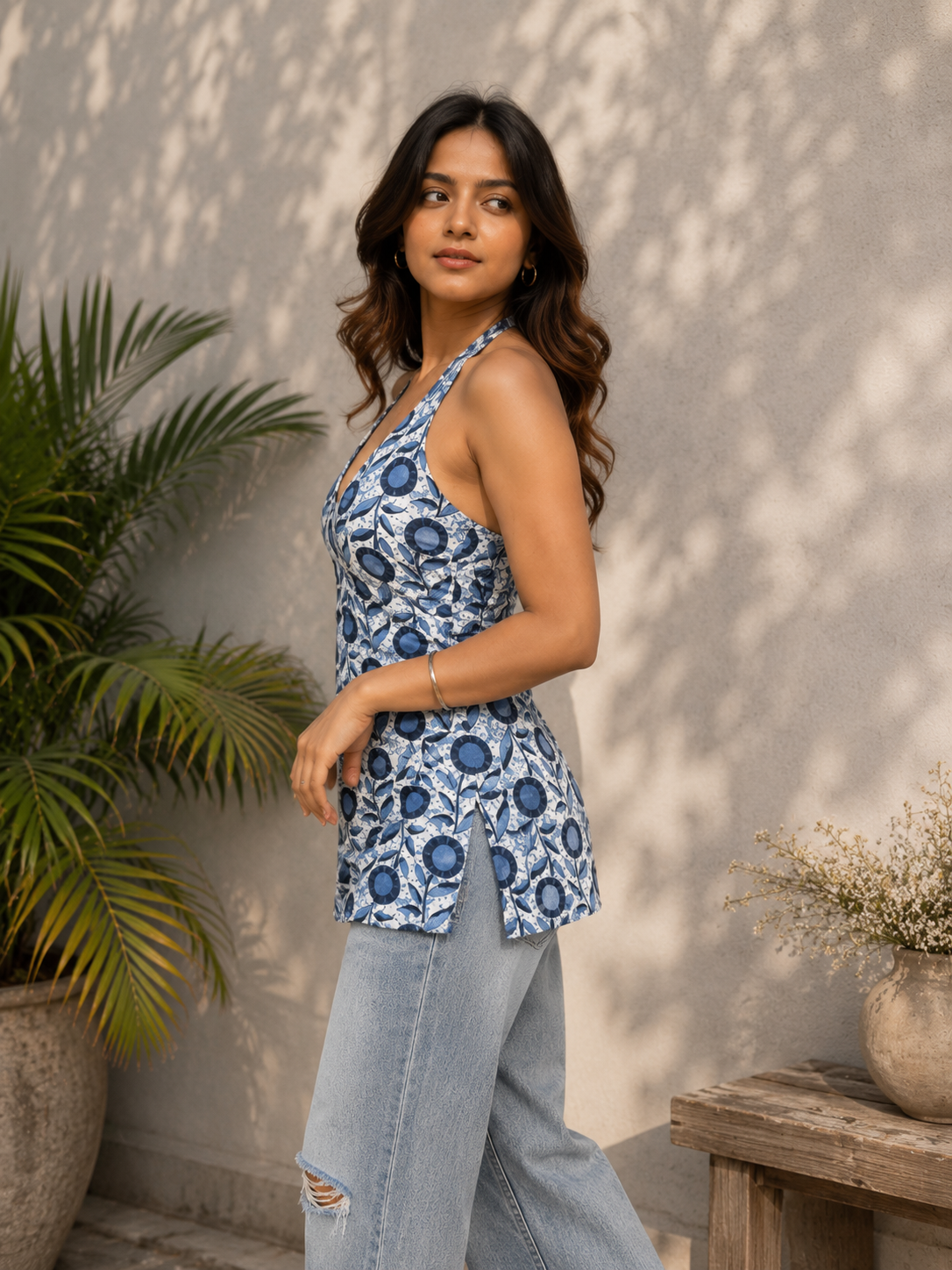 Women's Blue Floral Printed Cotton Blend Halter Neck Top | TT007