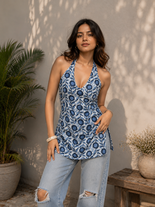 Women's Blue Floral Printed Cotton Blend Halter Neck Top | TT007