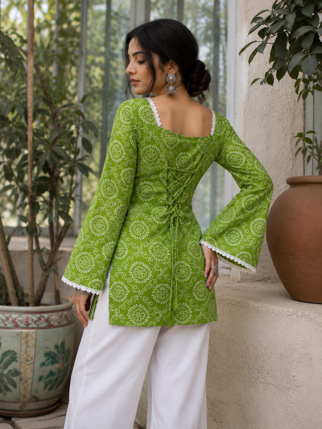 Women's Green Floral Printed Rayon Straight Kurti with Tie-Back Detail | TT016