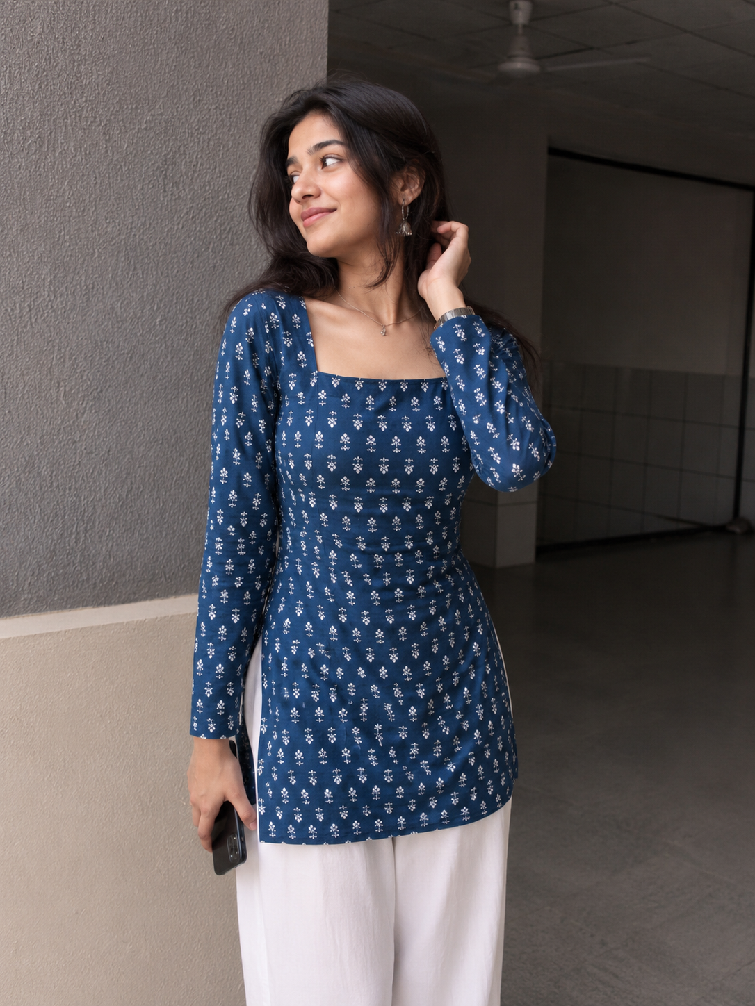 Women's Blue Floral Printed A-Line Kurti Dress with Square Neck | TT015