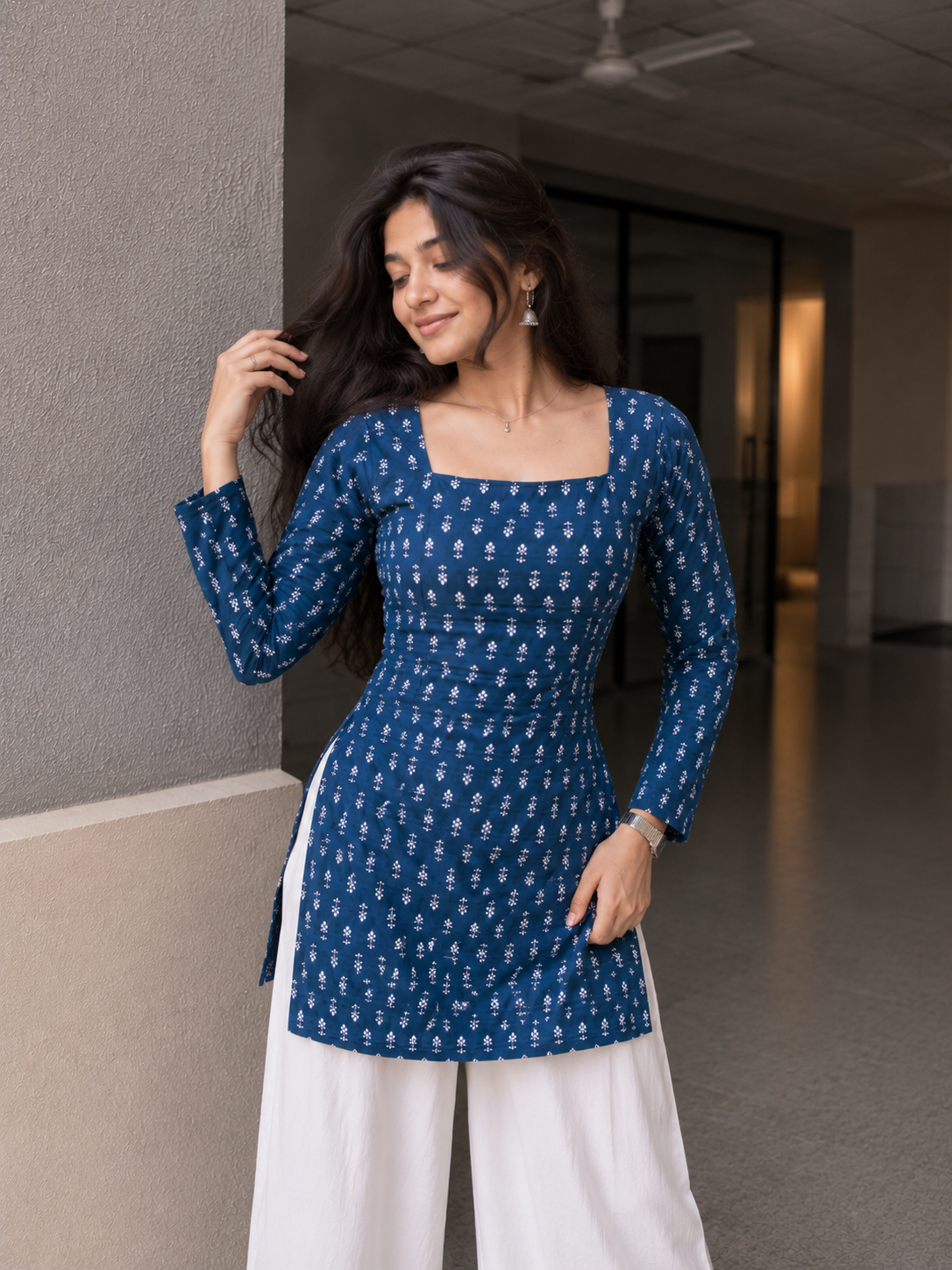 Women's Blue Floral Printed A-Line Kurti Dress with Square Neck | TT015