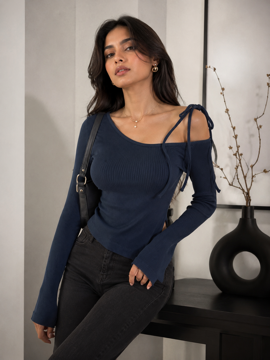 Women's Blue One-Shoulder Ribbed Lycra Top with Tie-Up Strap | TTO23