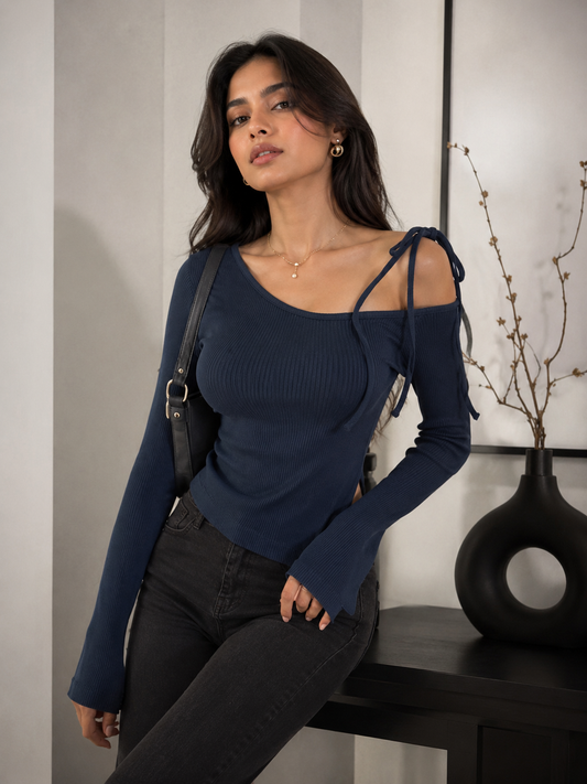 Women's Blue One-Shoulder Ribbed Lycra Top with Tie-Up Strap | TTO23