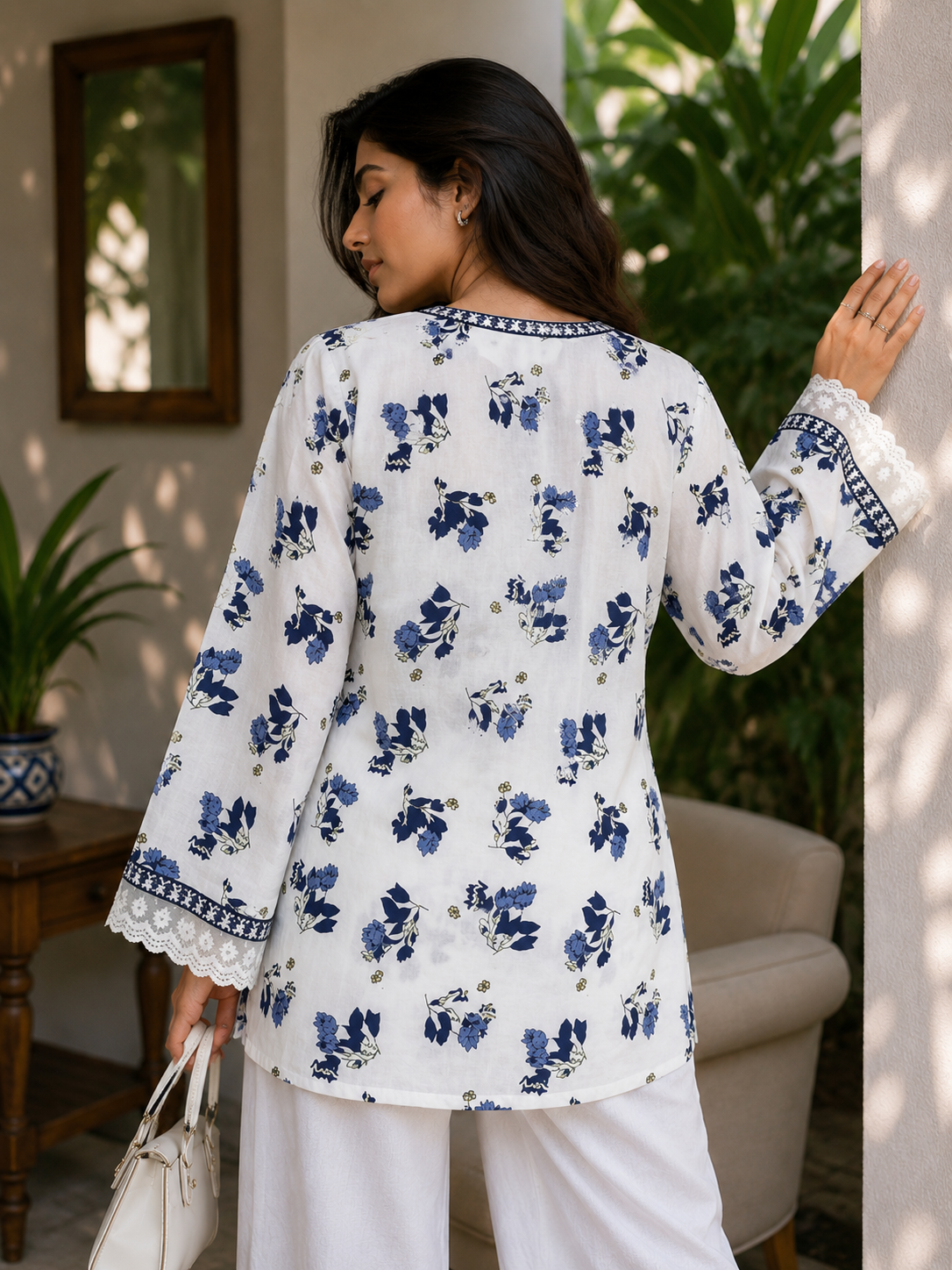 Women's White & Blue Floral Printed Cotton Blend Short Kurti with Lace Sleeves | TTOO3