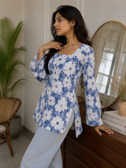 Women's Blue Floral Printed Cotton Short Kurti with Square Neck | TT005