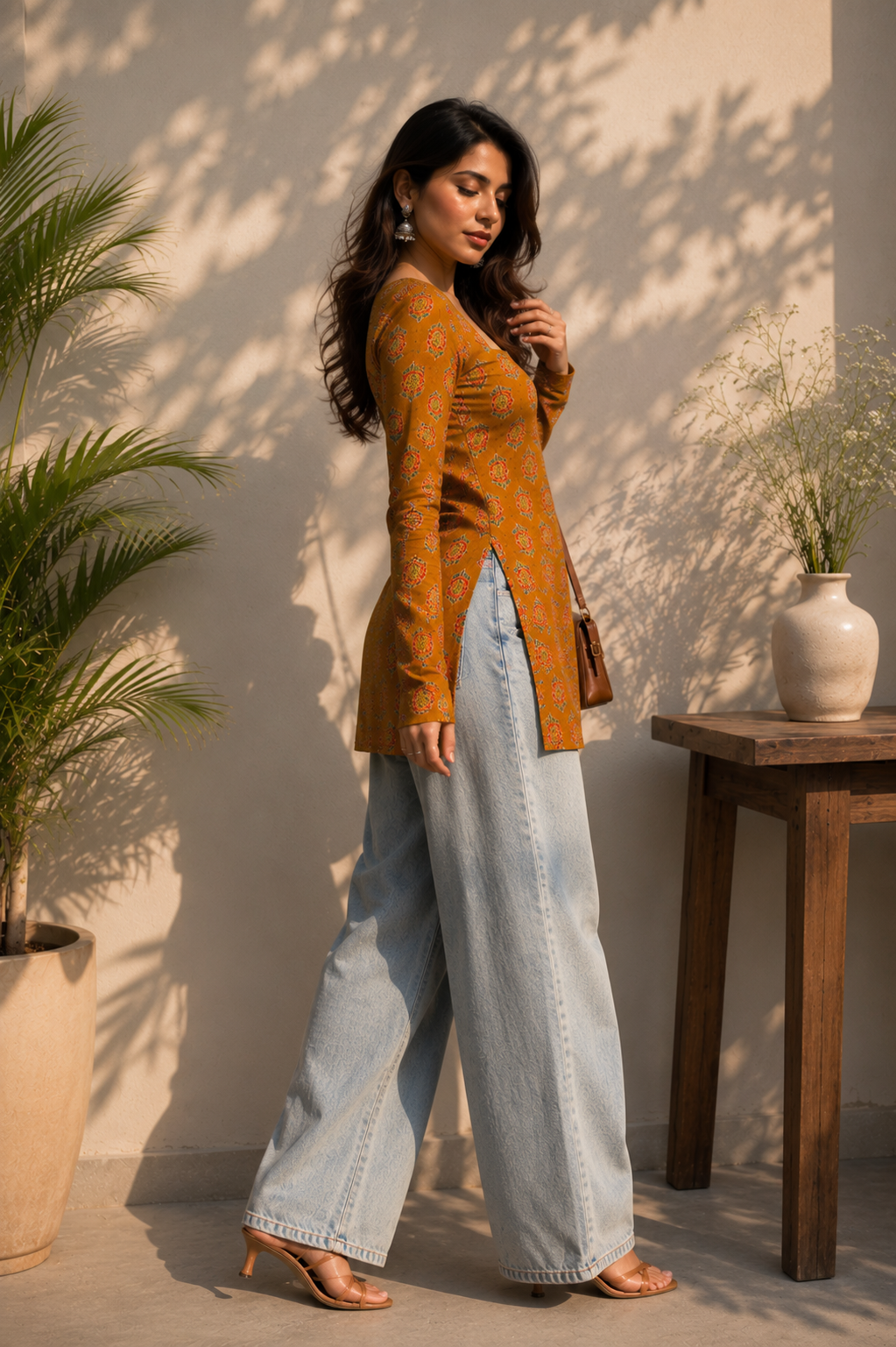 Women's Mustard Floral Printed Rayon Short Kurti with Square Neck | TT013