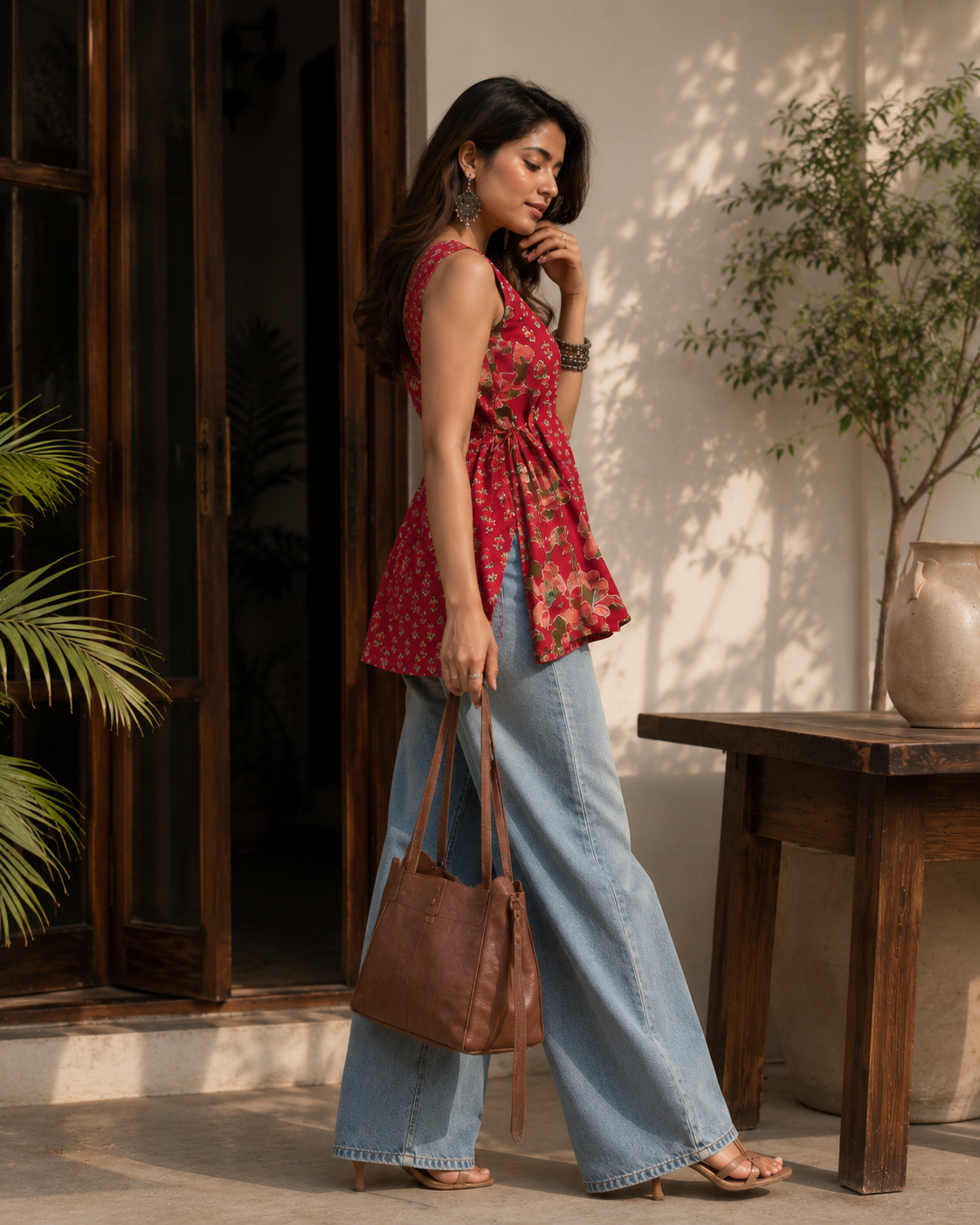 Women's Red Floral Printed Cotton Sleeveless Peplum Short Kurti | TT014