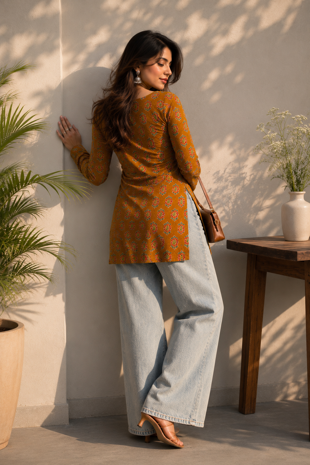 Women's Mustard Floral Printed Rayon Short Kurti with Square Neck | TT013