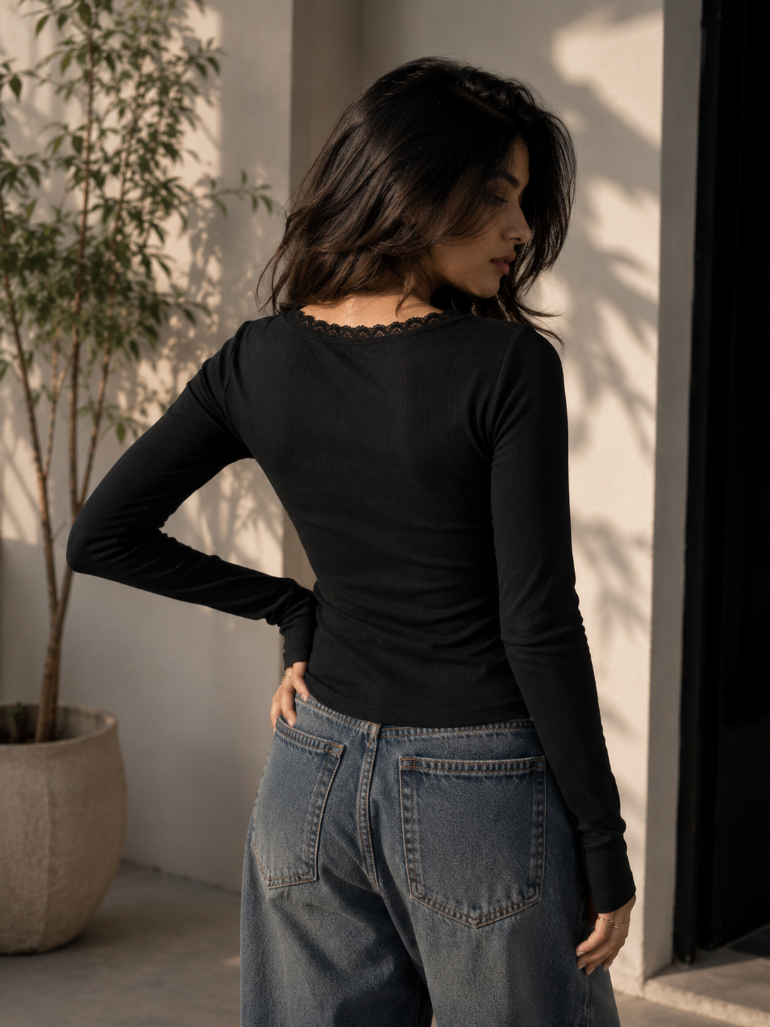 Women's Black Square Neck Ribbed Knit Top with Lace Trim | TTO17