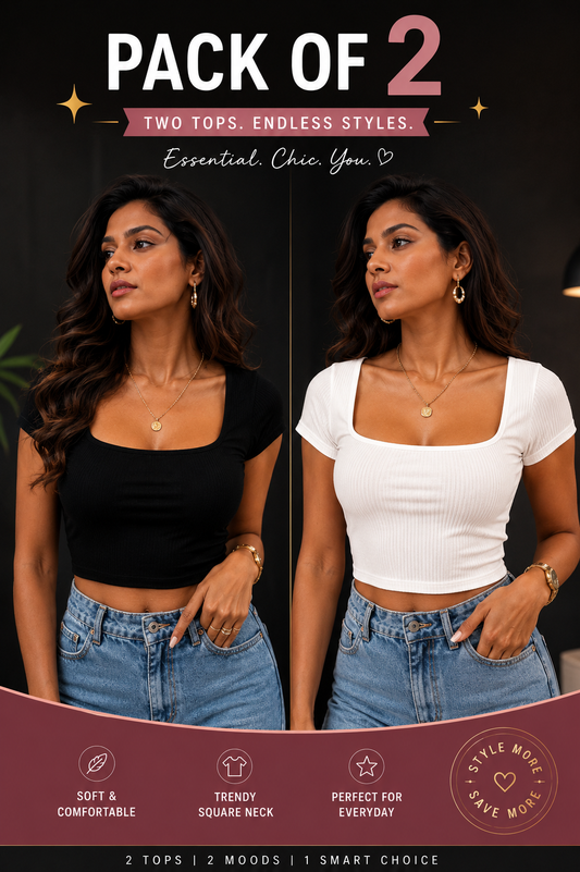 Women's Square Neck Ribbed Crop Top Combo (Black & White) – Pack of 2 | TT019