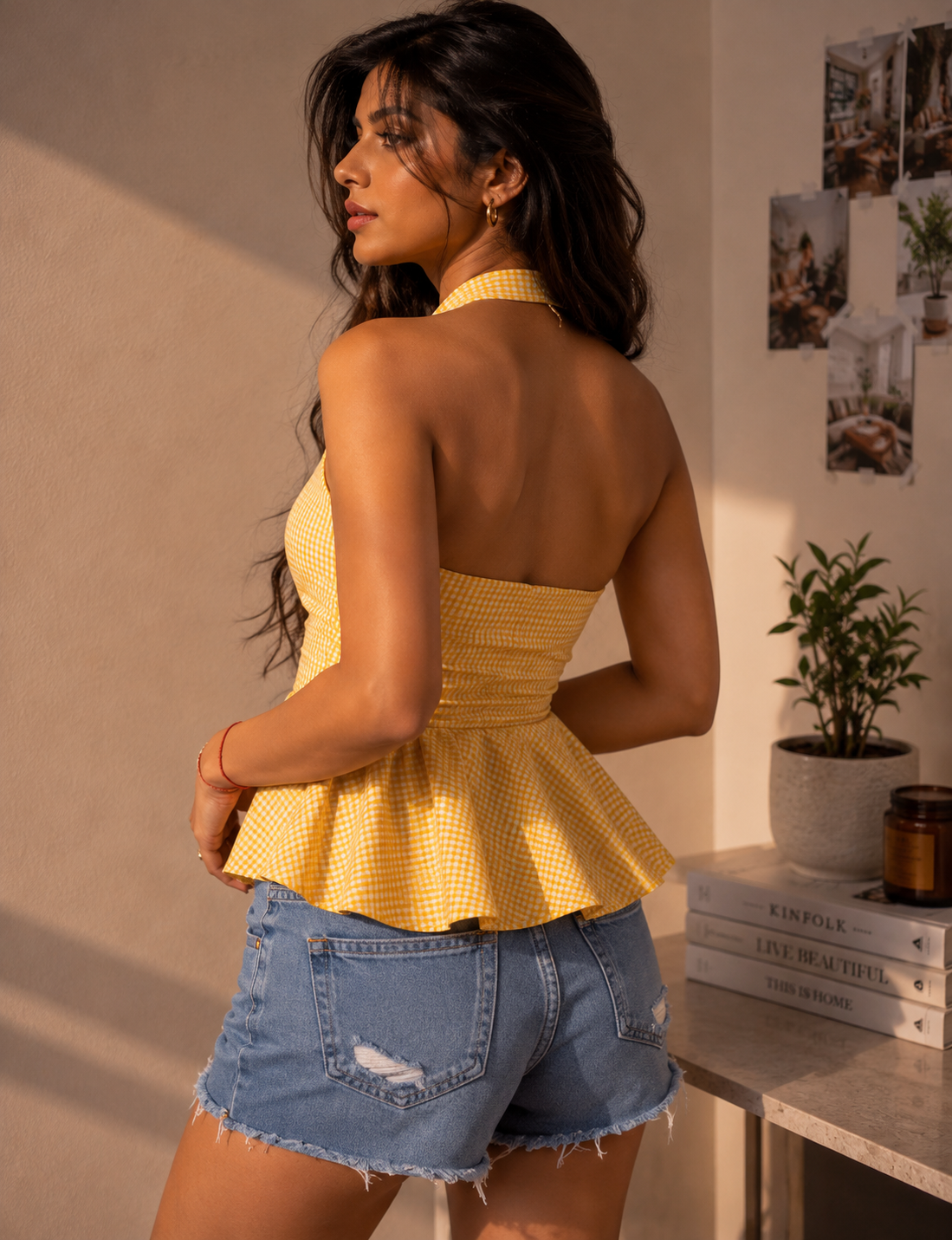 Women's Yellow Halter Neck Peplum Crop Top | TT025