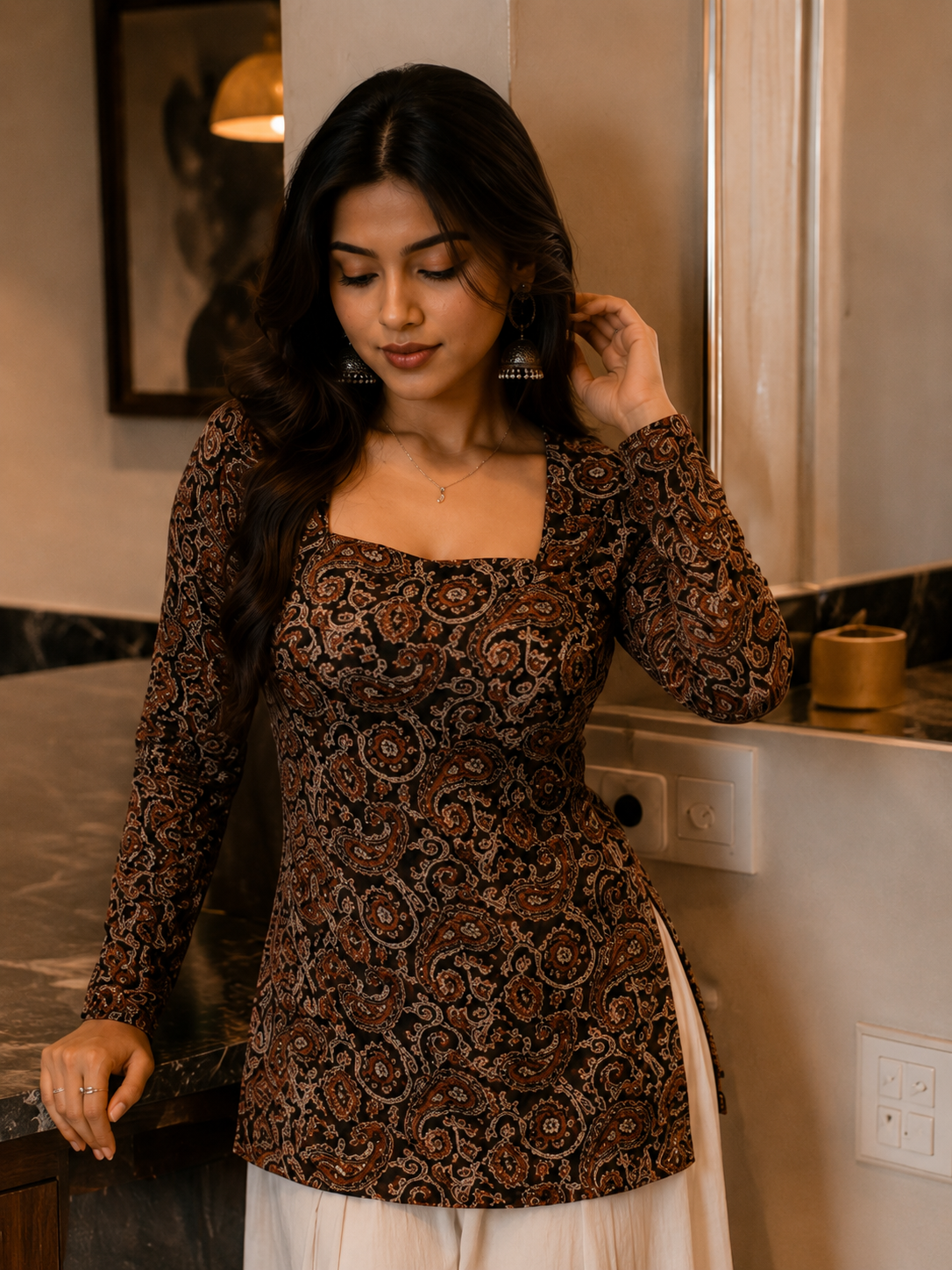 Women's Brown Paisley Printed Cotton Short Kurti with Square Neck | TT009