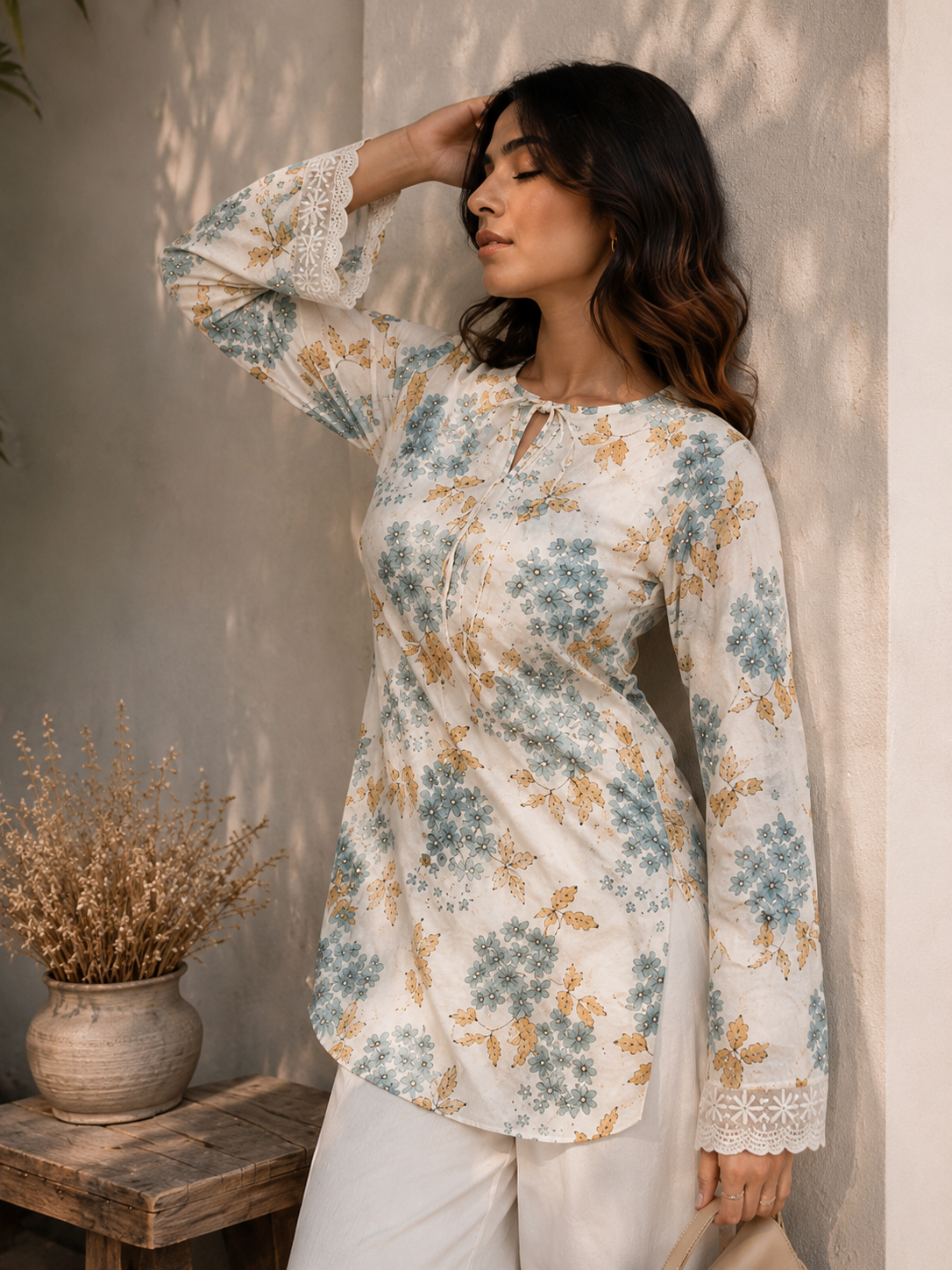 Women's White Floral Printed Cotton Short Kurti with Lace Detail | TT001