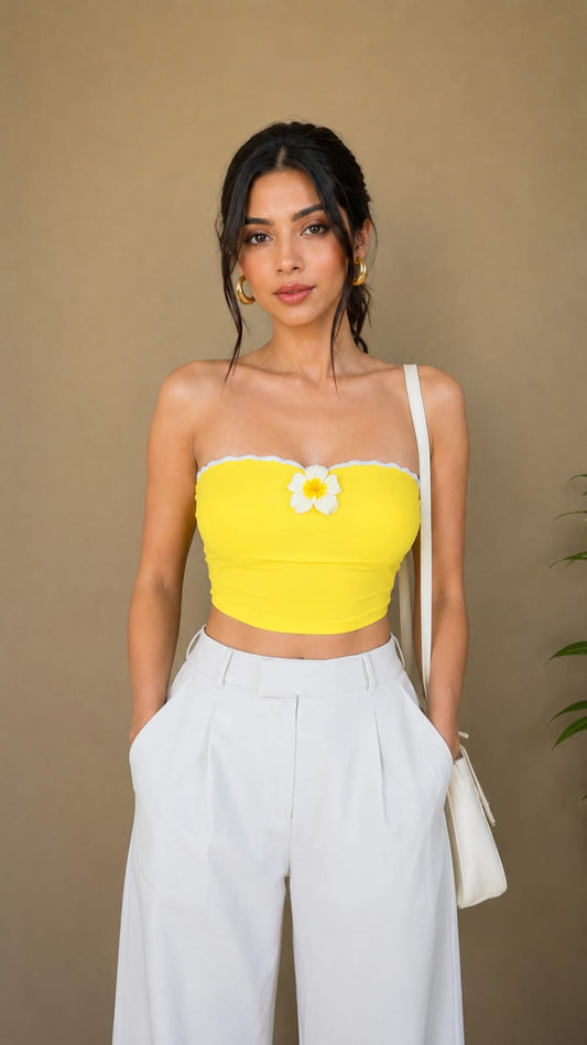 Women's Yellow Strapless Cotton Blend Tube Crop Top | TT022
